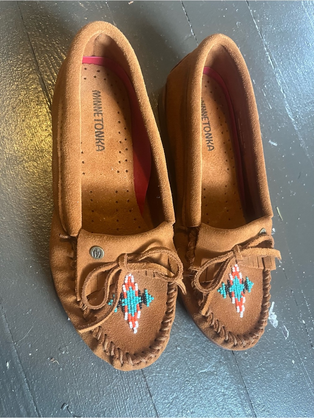 Minnetonka Brown Suede Moccasins with Turquoise & Coral Beadwork - Picture 8 of 9